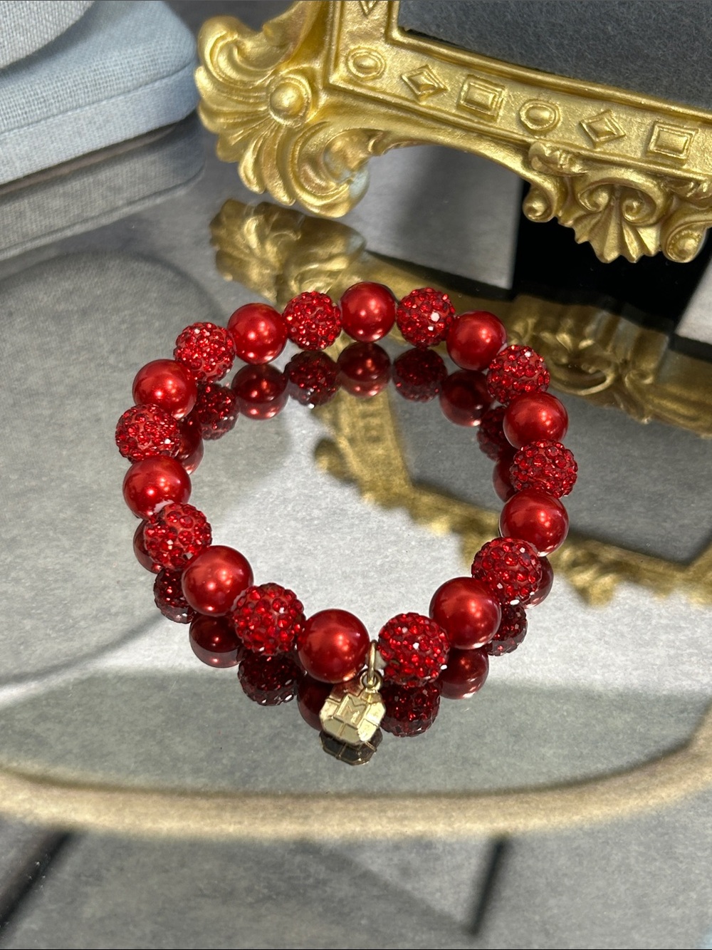Monet Red Glass Beaded Stretch Bracelet with Gold Charm